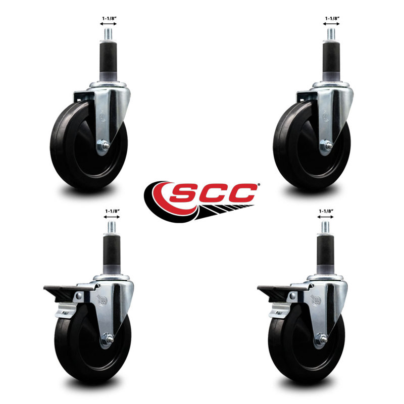 Ensemble de roulettes extensibles en caoutchouc dur avec roues pivotantes 2 freins SCC PLB 5 po x 1-1 / 8 po