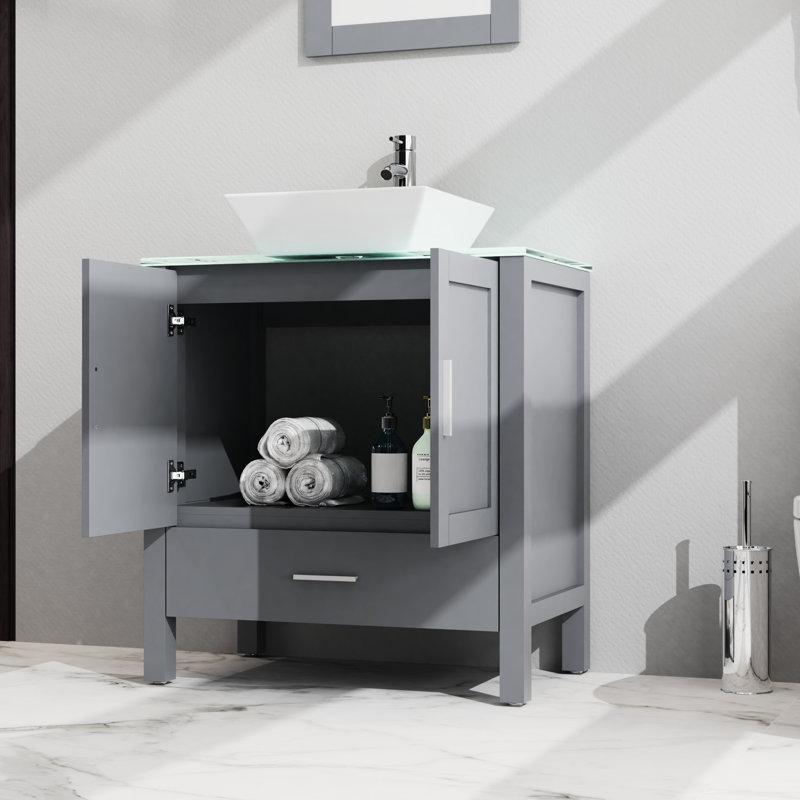 Meuble-lavabo de 30 po, gris. Armoire avec miroir. Évier de 16,5 x 5,5 po. Rangement généreux. Charnières. Évier de meuble-lavabo coulissant silencieux, plateau en verre trempé. Armoire à 2 portes et 1 porte. Assemblage facile et spacieux