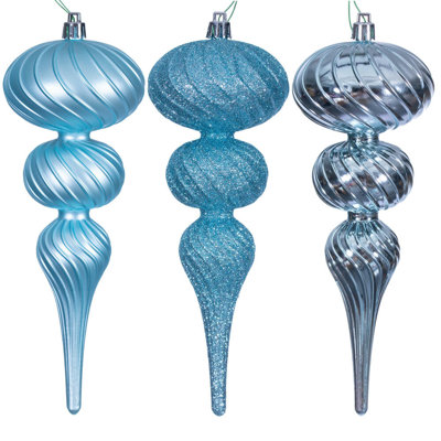 8" Swirl Finial Ornament Assortment. Two matte, two shiny, and two glitter.