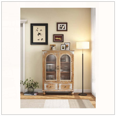 Storage Cabinet, Distressed Wood Kitchen Pantry Cabinet with 2 Glass Doors & 2 Drawers