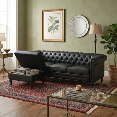 85" Modern 4-Seater L-Shaped Sectional Sofa with Storage Ottoman, Modular PU Leather Couch with Tufted Back, Rivet-Decorated Curved Armrests and Solid