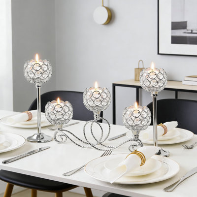 Elegant Crystal And Metal Tea Light Candle Holder Set, 5-Arm Centerpiece For Wedding, Christmas, And Home Decor, Silver Finish