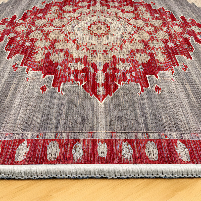 Marisol Burgundy Beige Gray Oriental Machine Printed Cotton Polyester Area Rug, Rectangle 5'3" x 8'3"