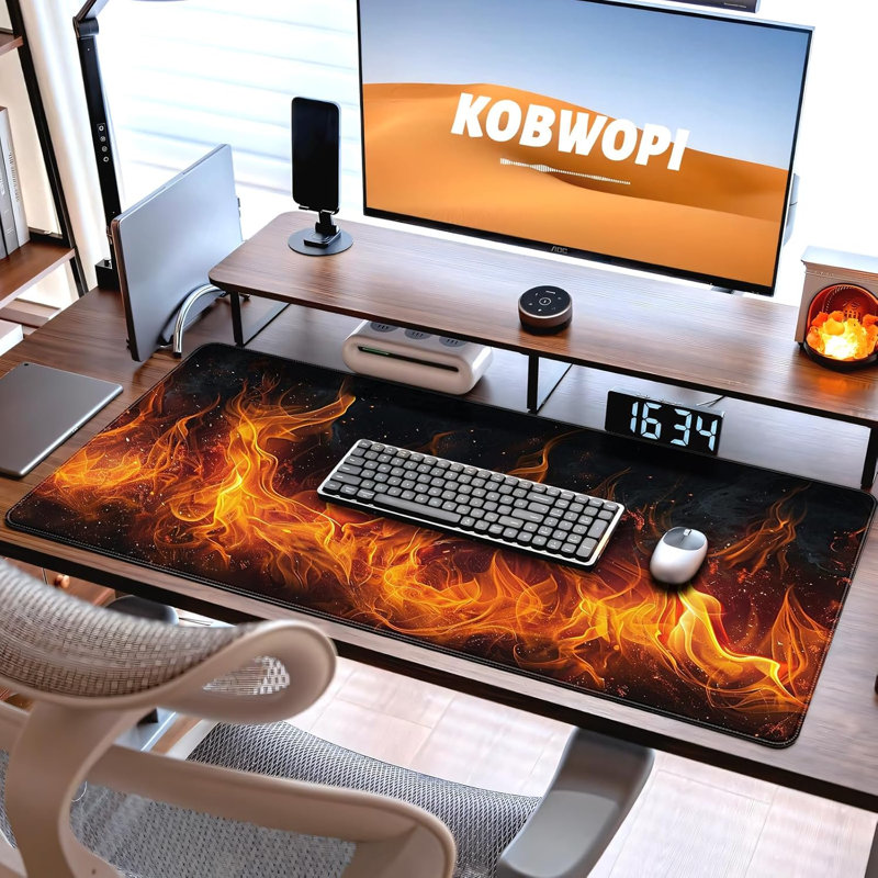 Tapis de souris de bureau 40 x 90 cm (15,75 x 35,43 pouces), grand format avec bords cousus, motif de flamme sur fond noir, idéal pour le gaming.
