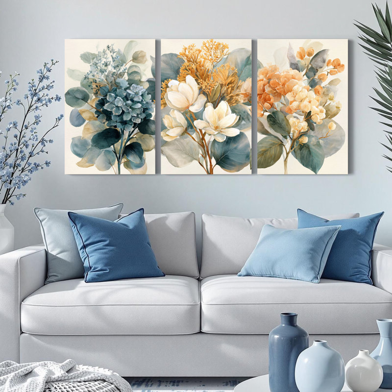 Ensemble de 3 tableaux muraux sur toile de style aquarelle, motif de bouquet floral, H 36 po x l 72 po