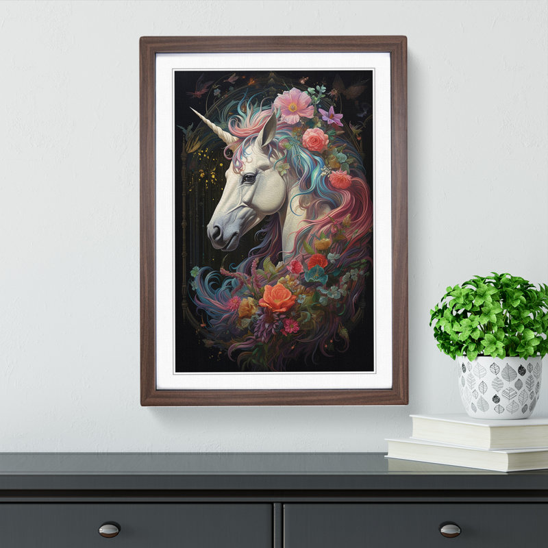 Unicorn Baroque - Single Picture Frame Print on Wood, 64cm H x 46cm W, Walnut Framed