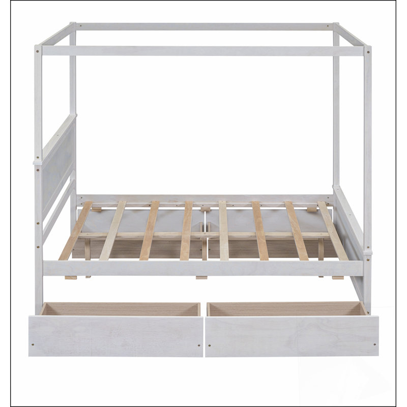 Wood Canopy Bed With Four Drawers ,Full Size Canopy Platform Bed With Support Slats