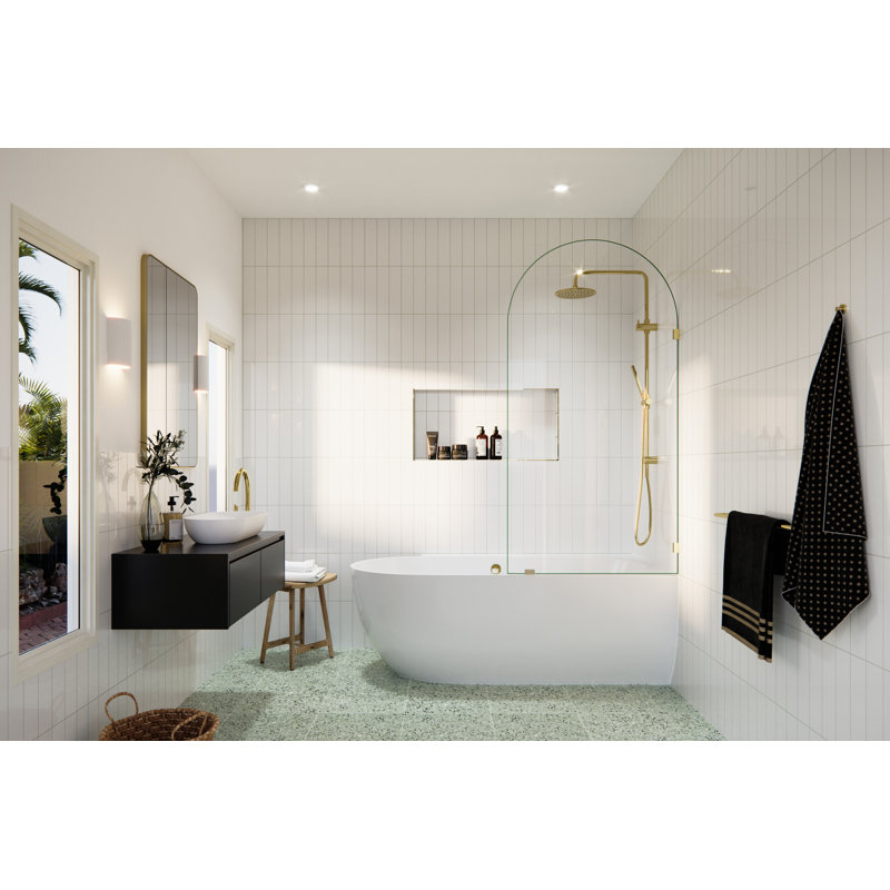 Venus 34 in. x 66.75 in. Frameless Arched Single Fixed Bath Panel, Polished Brass