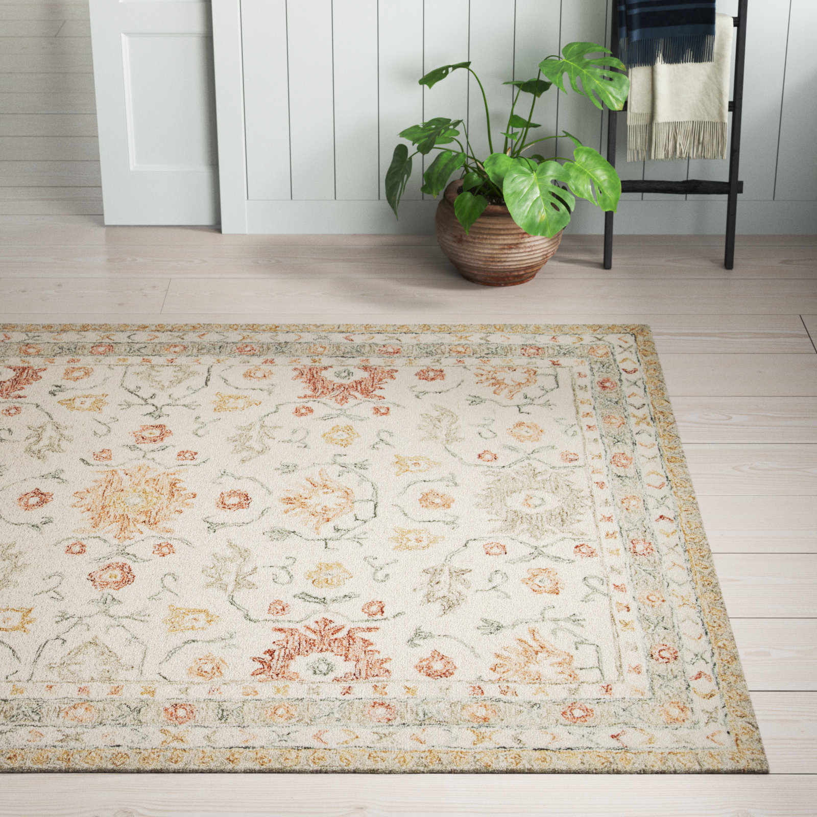 Aden Ivory Rust Hand-Hooked Wool Oriental Rug, Rectangle 9'3" x 13'