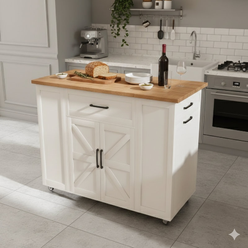 Îlot de cuisine mobile de 46 pouces avec tiroir de rangement et prise de courant - Barre à roulettes de style rustique avec plateau en bois, tablette réglable, parfaite pour la cuisine, la salle à manger ou le salon, finition blanche