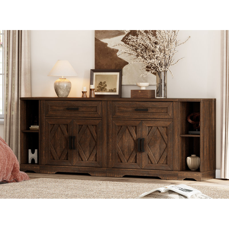 Glenford 82.7"W Large Modern Farmhouse Office Storage Cabinet With Barn Doors & Drawers, Scratch-Resistant Tree Bark Finish