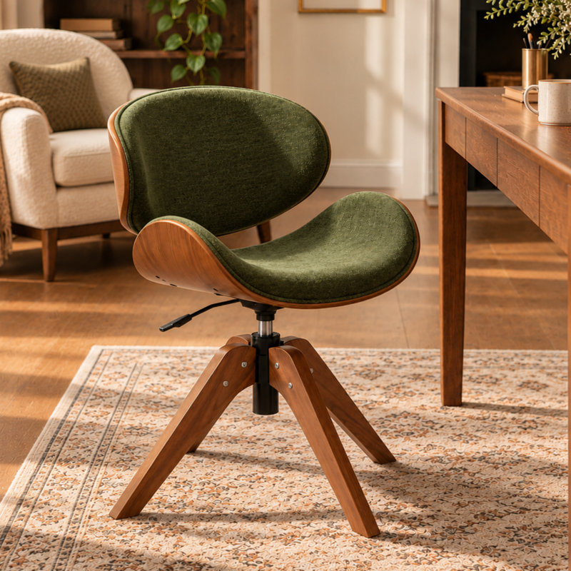 Chaise de bureau Oswina de style moderne du milieu du siècle, en tissu, avec structure en bois courbé et base pivotante.