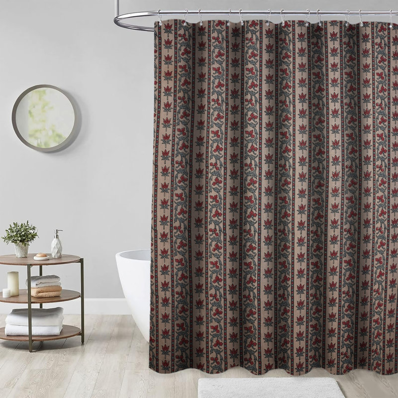 Rideau de bain en lin Artisan  Tissu naturel | Panneau de douche décoratif, bordure Laxmi, rouge, H 18 po x l 32 po