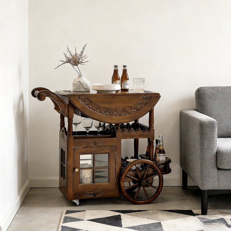 27.95" Modern Retro Hand-Pushed Solid Wood Double-Layer Storage Cart for Home Use, Mobile Living Room Serving Cart | Walnut Solid Wood Material