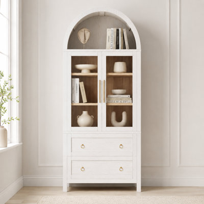  71" Arched Glass Door Storage Cabinet with 2 Drawers & Adjustable Shelves — White Farmhouse Display Cabinet