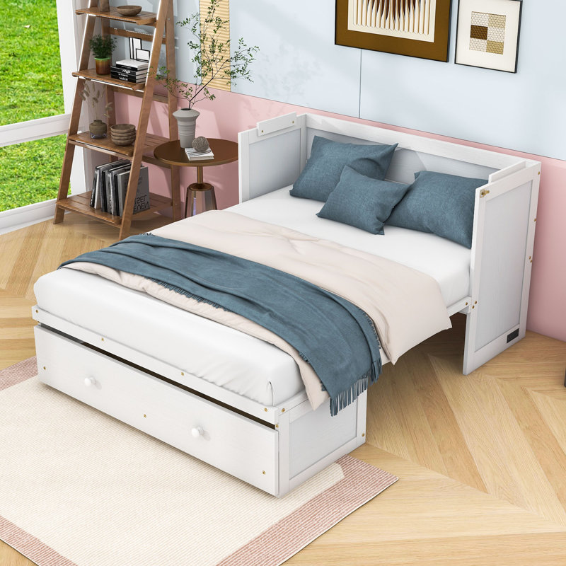 Lit escamotable en bois avec 1 tiroir et ports USB, Complète, Blanc