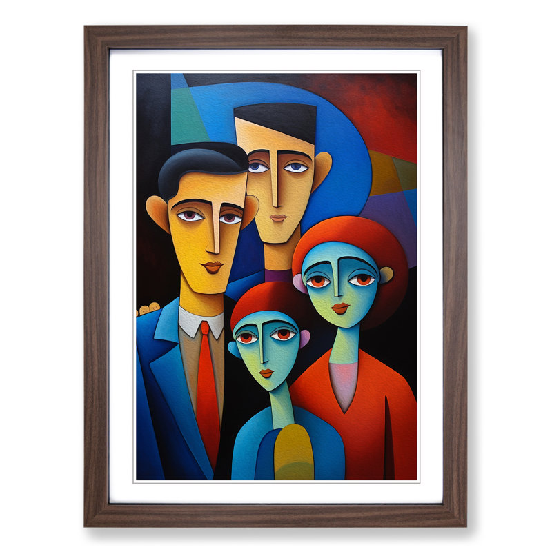 Loving Family Hard Edge Painting - Single Picture Frame Print on Wood, Walnut Framed, 64cm H x 46cm W x 2cm D