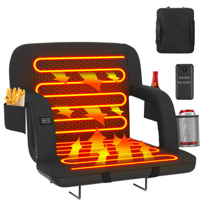 Heated Stadium Seat With Back Support, 3 Heat Levels Up To 150°F, Reclining Padded Bleacher Chair With 20,000Mah Power Bank, Waterproof Folding Seat For Sports & Outdoor Events