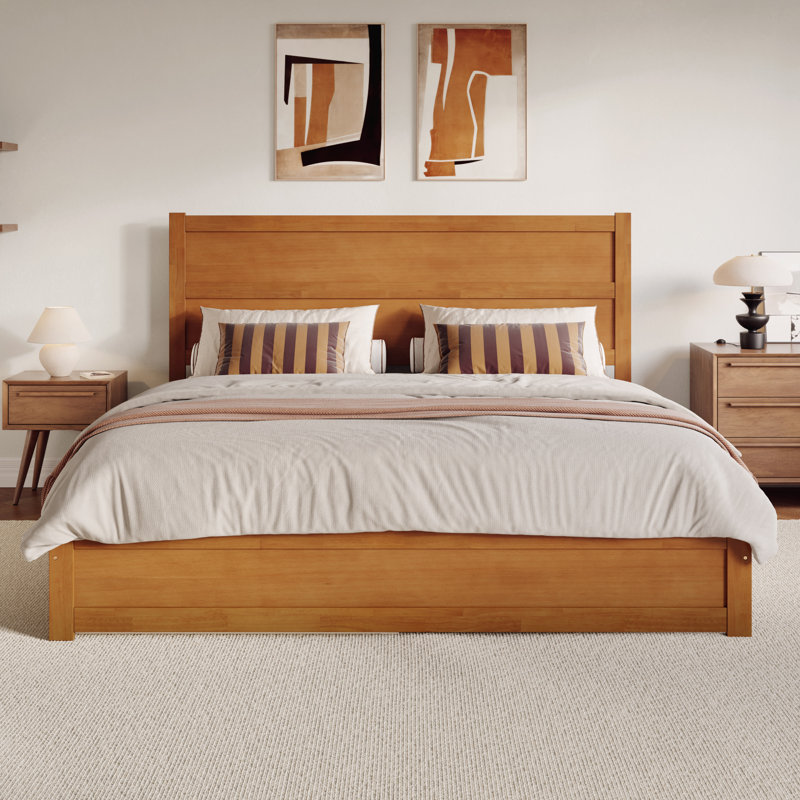 Lit plateforme en bois avec pied de lit et gigogne Aveline, Très grand lit, Caramel clair