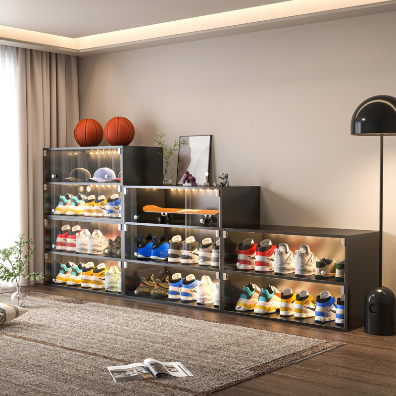 Armoire de rangement pour chaussures en verre noir, Noir
