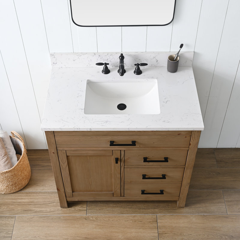 Ensemble de meuble-lavabo simple 36 po Ajiya, Naturel texturé / noir mat, Blanc de Carrare