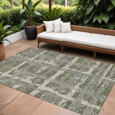 Tapis extérieur lavable rayé vert olive et beige 9 pi x 12 pi
