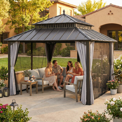 Pavillon de jardin Kingston, toit en acier avec rideau et filet - poteaux 12 x 12 SUNJoy Kingston