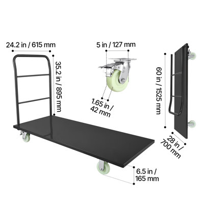 Camion plateforme robuste, capacité de 2 000 lb, chariot industriel à plat en acier avec roues pivotantes et poignée, chariot plateforme à poussoir manuel, rangement facile, pour le transport des bagages, 60 x 27,6 x 42,9 po