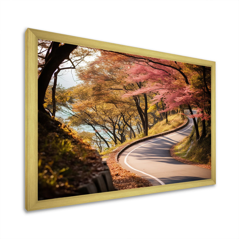 «Rosy Blooming Pathway Into The Forest II - Road», art mural, Cadre doré à coins fermés, H 24 po x l 32 po x P 1 po