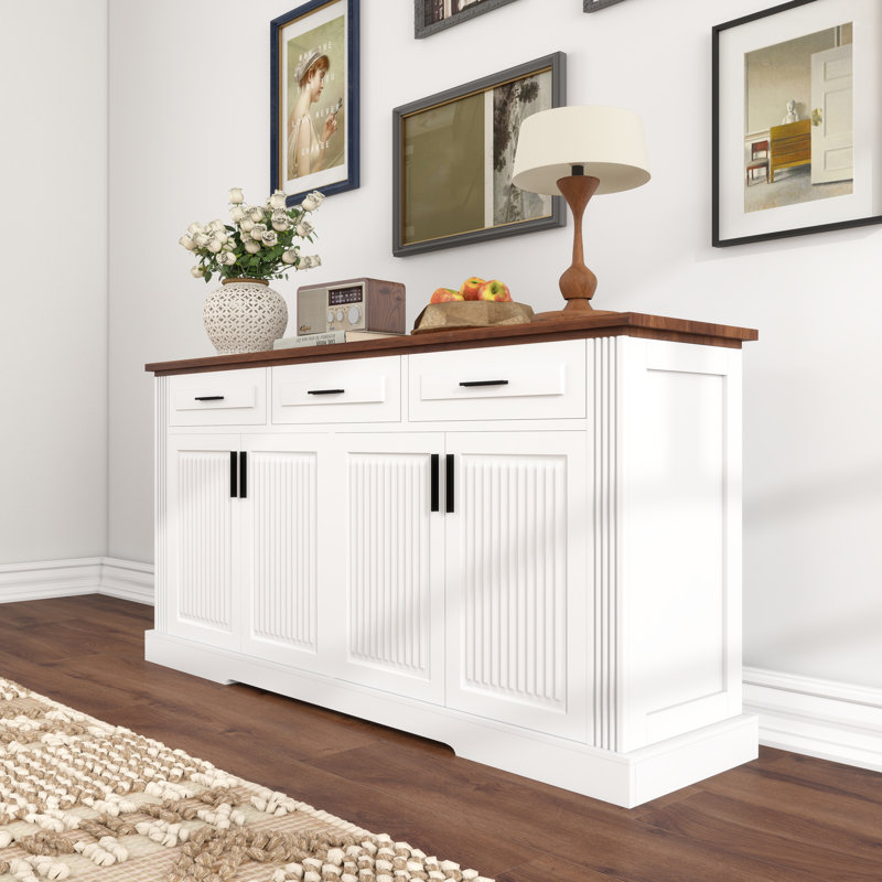 63" Fluted Storage Sideboard Buffet Cabinet With Shelf And 3 Drawers, White/Brown