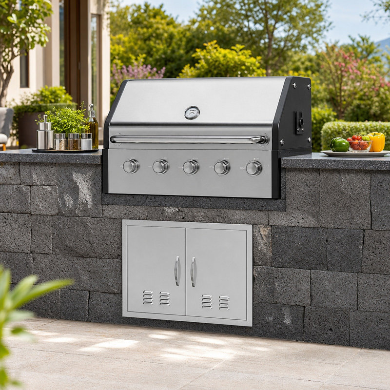 BBQ Access Door, 30 x 21 Inch Double Outdoor Kitchen Door with Reversible Hinges, Louvred Vents and Zinc Alloy Handles, Stainless Steel