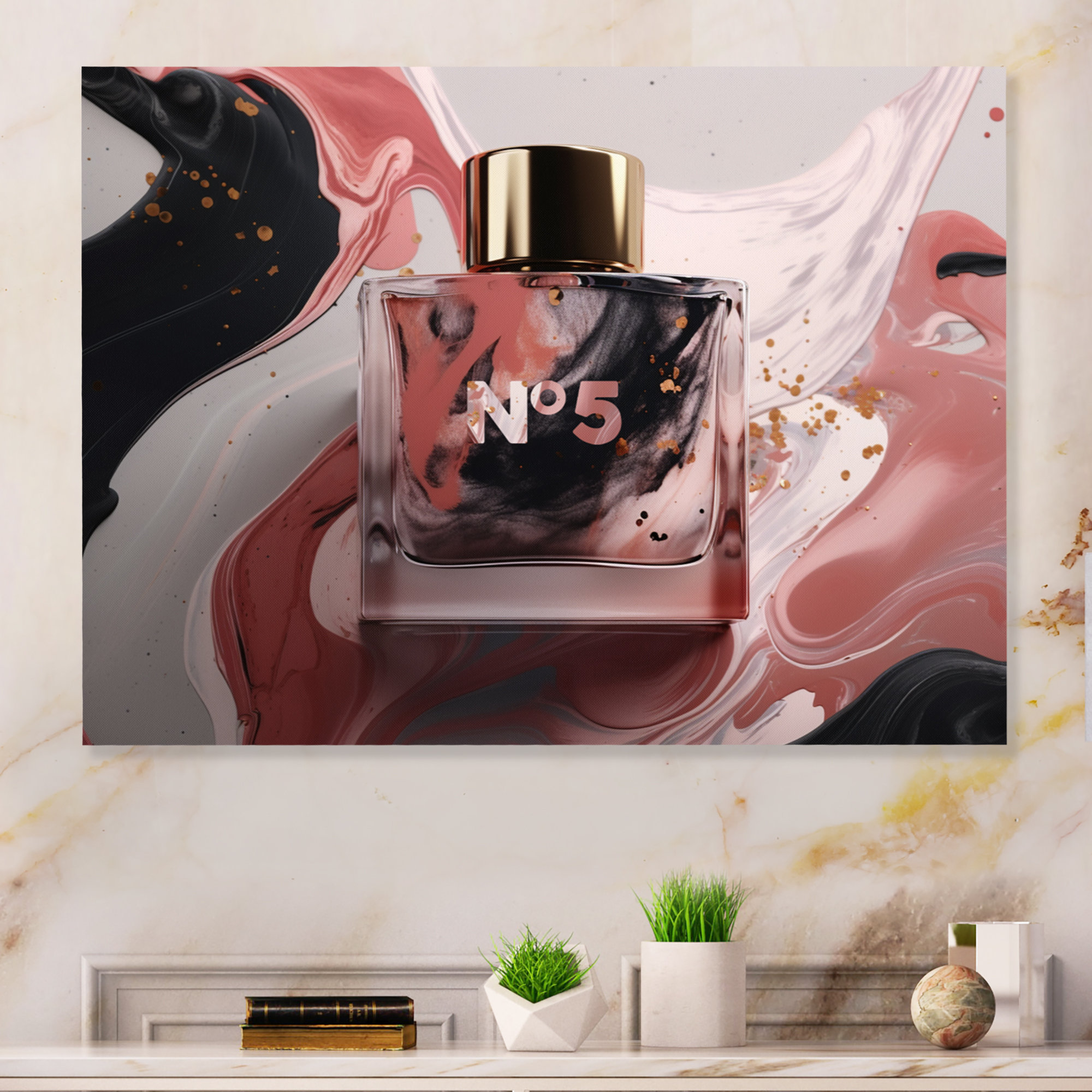 Designart 'Perfume Chanel Five With Butterflies' Modern Framed Canvas Wall  Art Print
