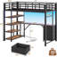 Lit mezzanine simple avec bureau en forme de L et 4 tiroirs, structure de lit mezzanine en métal avec prise de courant et éclairage à DEL, aucun sommier nécessaire, noir