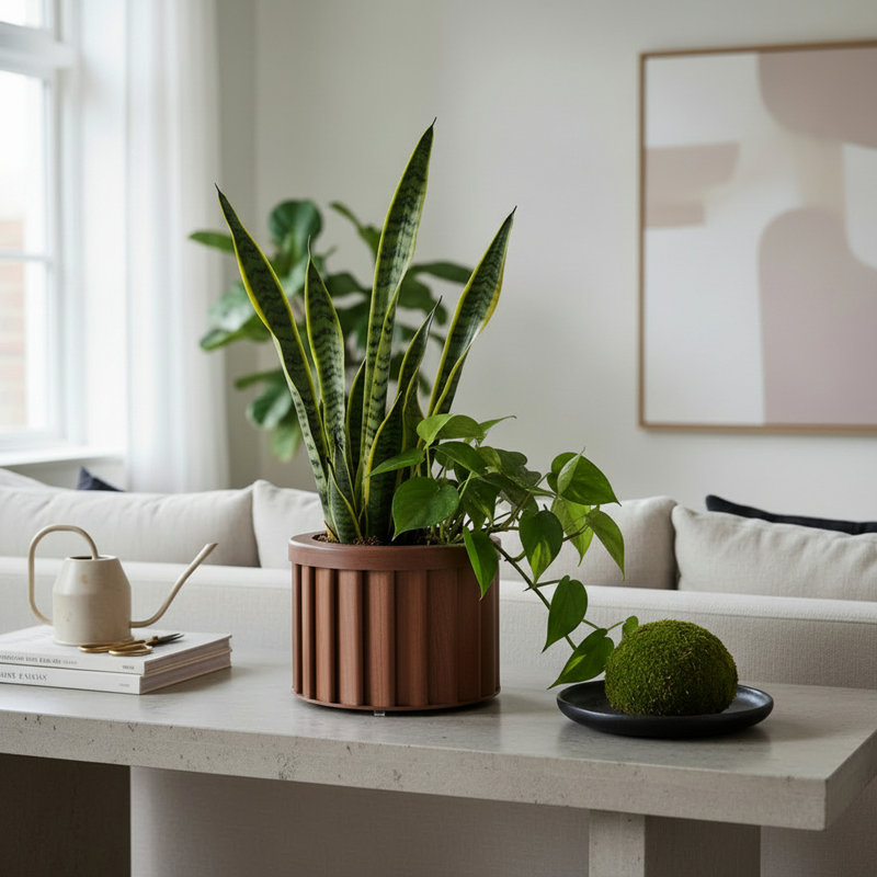 Pot de fleurs rond brun foncé, drainage léger prédécoupé en aluminium avec dégagement d'eau, revêtement thermolaqué couleur bois, plateau de rangement interne de 8,21 po de profondeur, 6,15 po de hauteur, 3,03 lb de brun moyen, avec