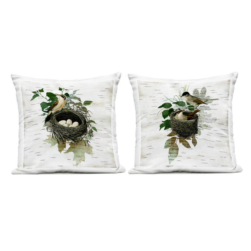 Ensemble de 2 coussins d'extérieur Rustic Vintage Bird Nids Design par Susan Arnot