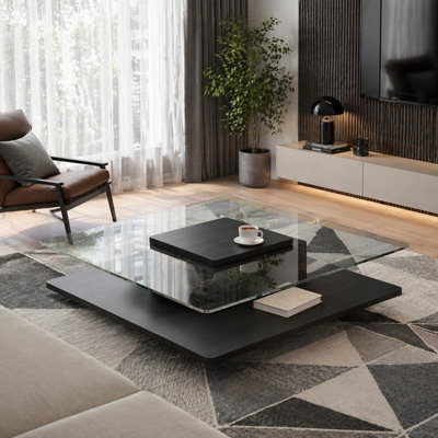 The Square Coffee Table with Clear Tempered Glass Top and Storage Shelf