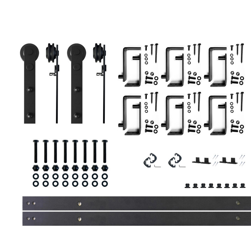 Ensemble de quincaillerie noir rustique pour porte de grange à deux portes à conception droite en forme de U et dérivation à deux rails
