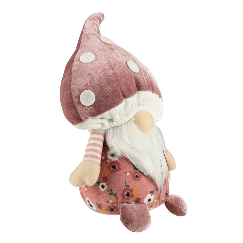 Pink Floral Mushroom Gnome Figurine with White Beard