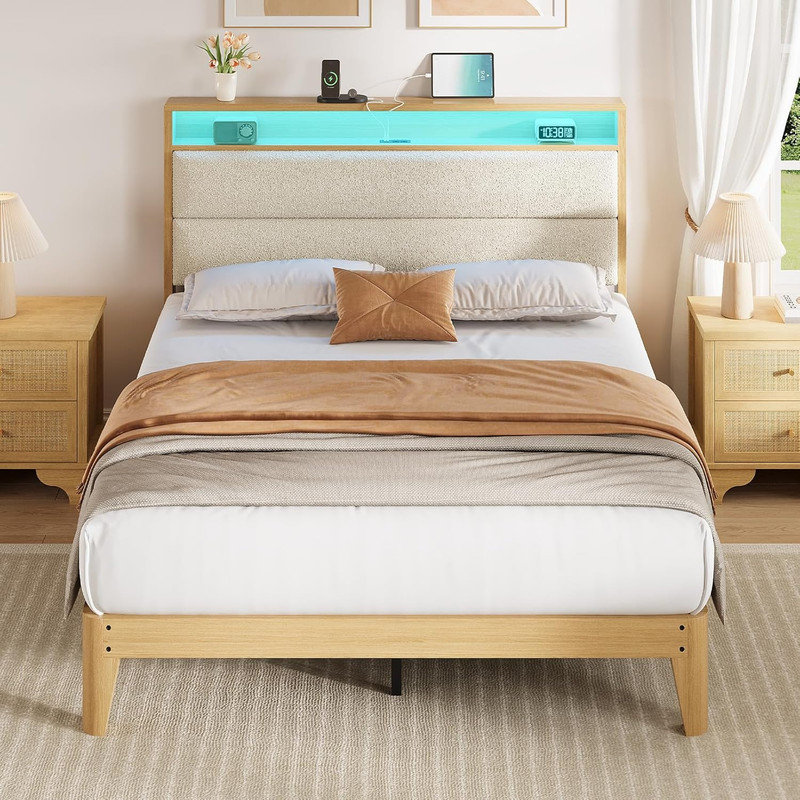 Base de lit plateforme Boucle avec lumières DEL et station de charge, tête de lit tapissier, Beige, Lit double