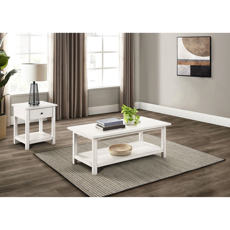 Table basse et de bout blanc vieilli, bois d'ingénierie en pin massif, tables rectangulaires, tablettes de rangement, espaces de vie rustiques 2 pièces
