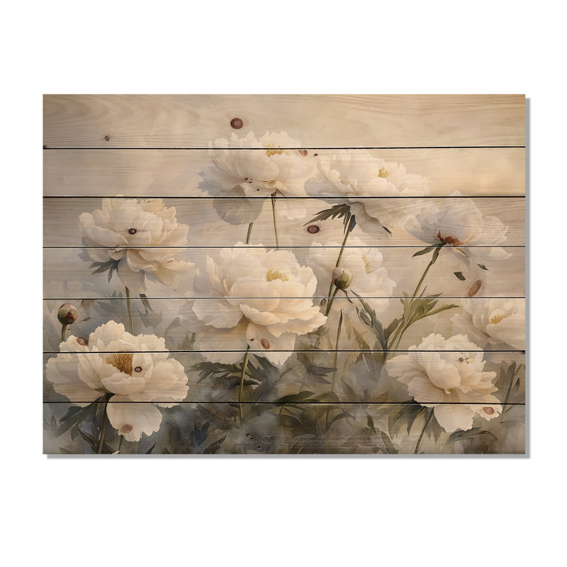 Pivoines dans la brume de basse-cour I - impression de pivoines sur bois de pin naturel, H 30 po x l 40 po x P 0,78 po