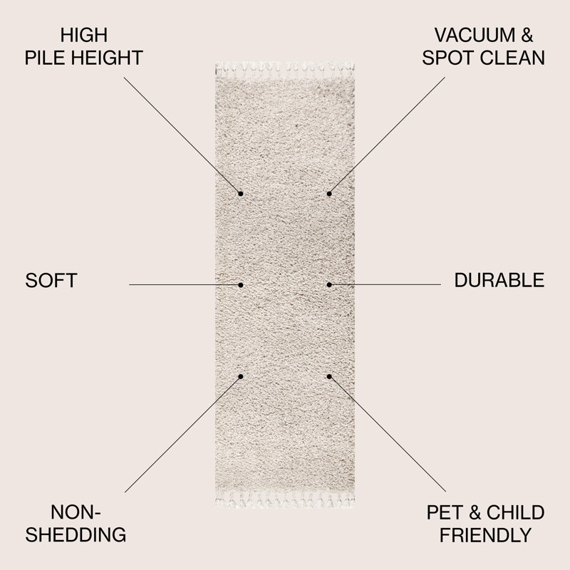 Felicdad Shag Plush Tassel Cream Rug, Runner 2'3" x 8'
