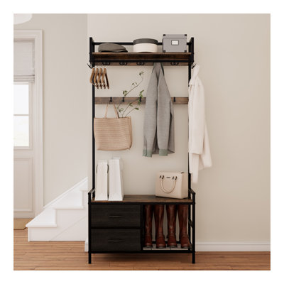 Wide Hall Tree with 2 Movable Drawers, Shoe Storage, Shelves and Garment Racks, 5-in-1 Entryway Bench with 23 Hooks (Fixed and Movable)