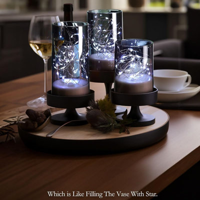 Flickering Flameless Candles With Remote, Embedded String Lights In Acylinder Vase, Battery Operated Fake Candles, Gray Led Candles With Timer For Home Decor, 8 Mode Lights, Set Of 3
