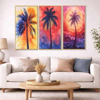 «Radiant Whirl of Palm Trees in Miami - Black Palms», ensemble de 3 reproductions d'art sur toile