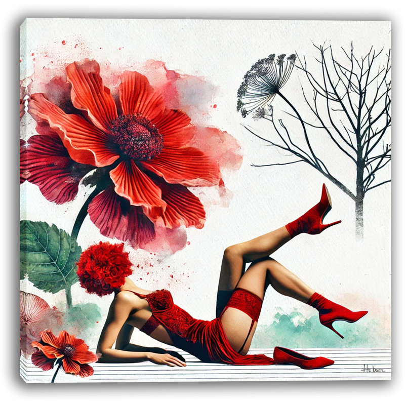 «Red Elegance with Floral Fusion», art mural sur toile tendue, H 40 po x l 40 po x P 1,5 po