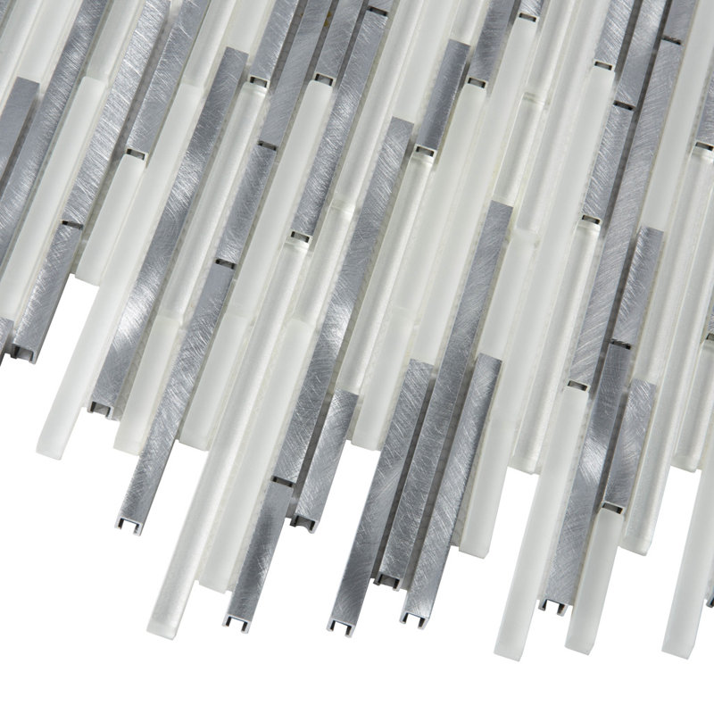 Waterfall Linear Glass And Metal Mosaic Tile, White/Silver