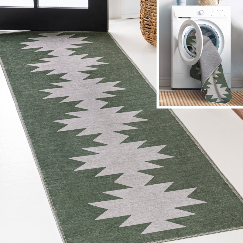 Katriel Minimalist Geometric Machine-Washable Dark Green/Light Gray Rug, Runner 2' x 8'