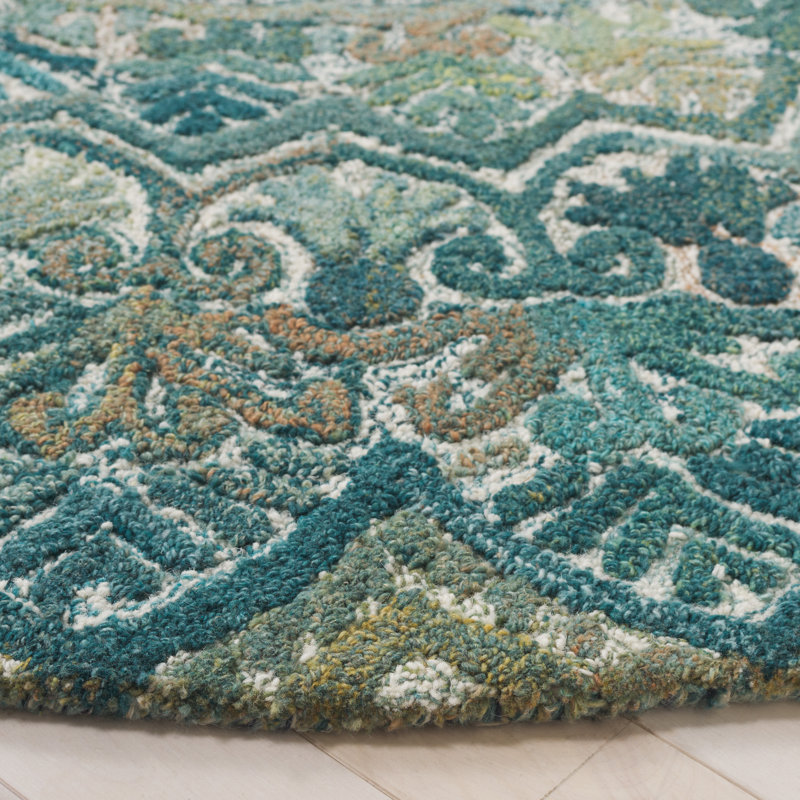 Tapis floral en laine touffeté à la main de couleur turquoise / vert Loura, Rond 6 pi