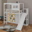 Lit mezzanine en bois avec garde-robe, tablettes de rangement, glissoire et DEL